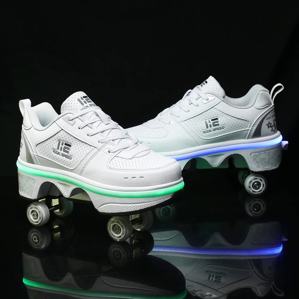 Unisex Shiny Roller Skate Shoes with 4 Wheels for Kids Youth Fashion Sneakers